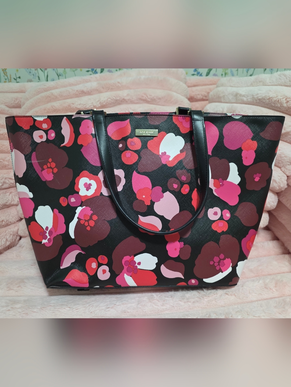 Kate Spade Floral Tote Bag Black Pink Large Shopper NWOT
